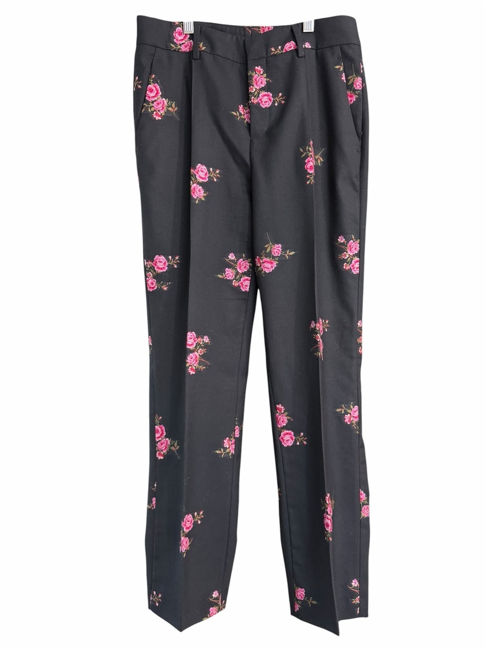 RED Valentino floral-appliquéd wool-blend twill tapered pants in black and pink - Picture 4 of 11